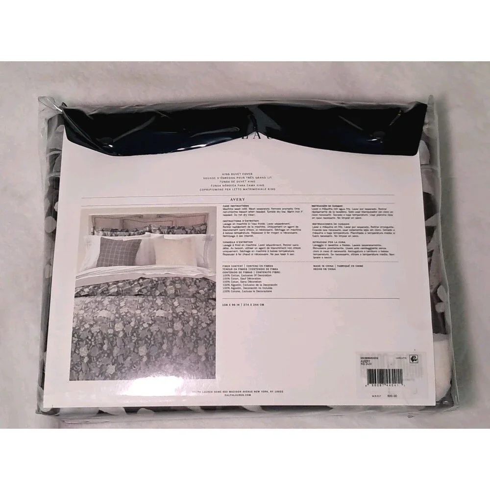 Ralph Lauren Avery Duvet Cover King Bed Gray Chrysanthemum Floral NEW